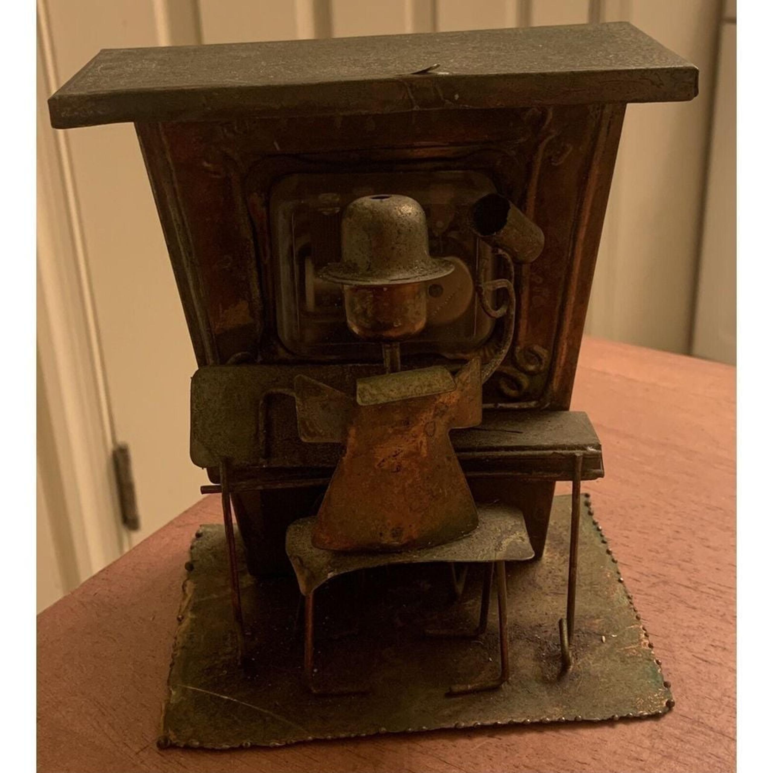 Vintage Copper Tin Wind Up Piano Player Man Music Box Plays The Entertainer