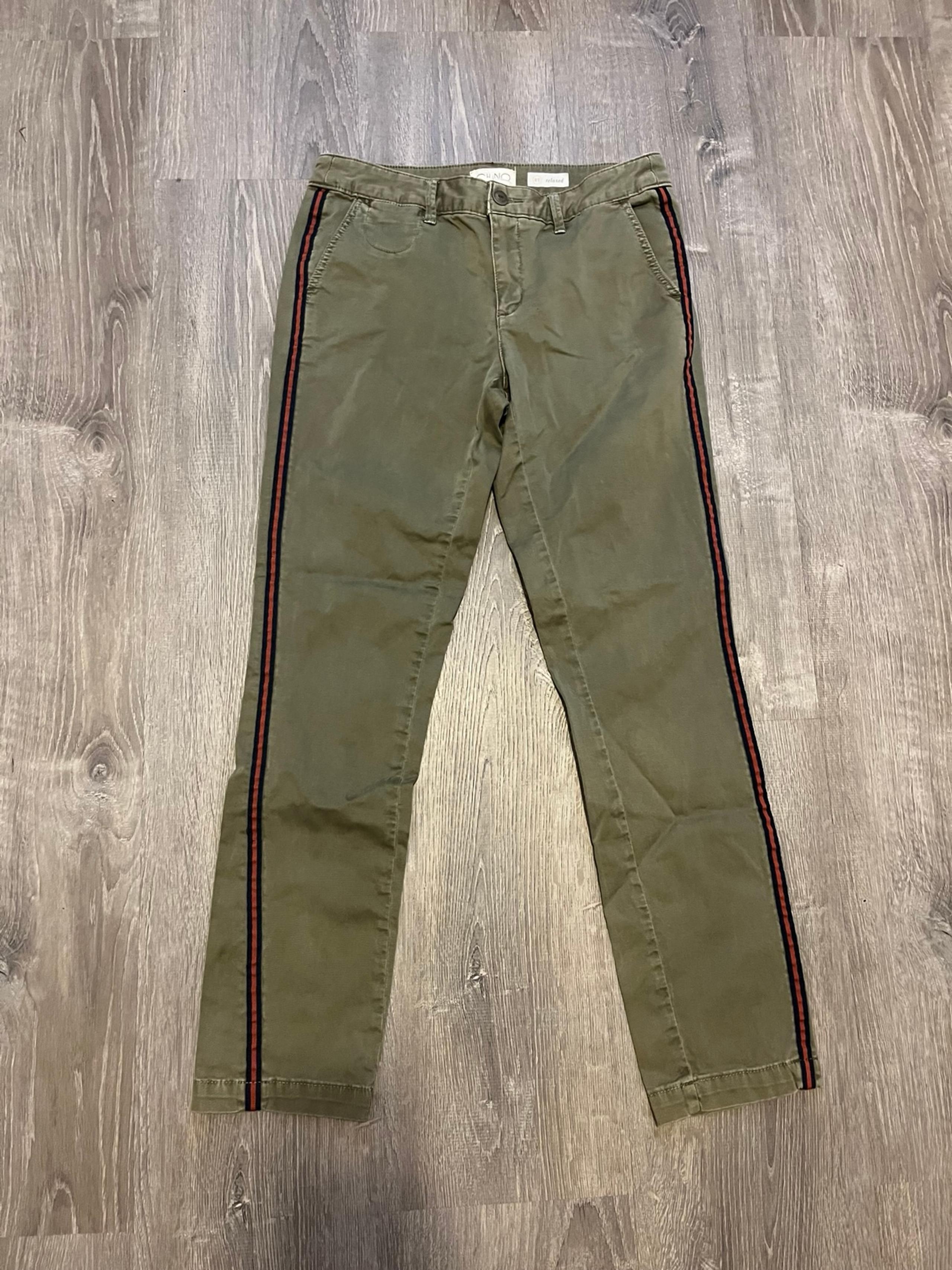 Anthropologie Relaxed Chino Pant Olive Green Orange Navy Racing Stripe Size 27