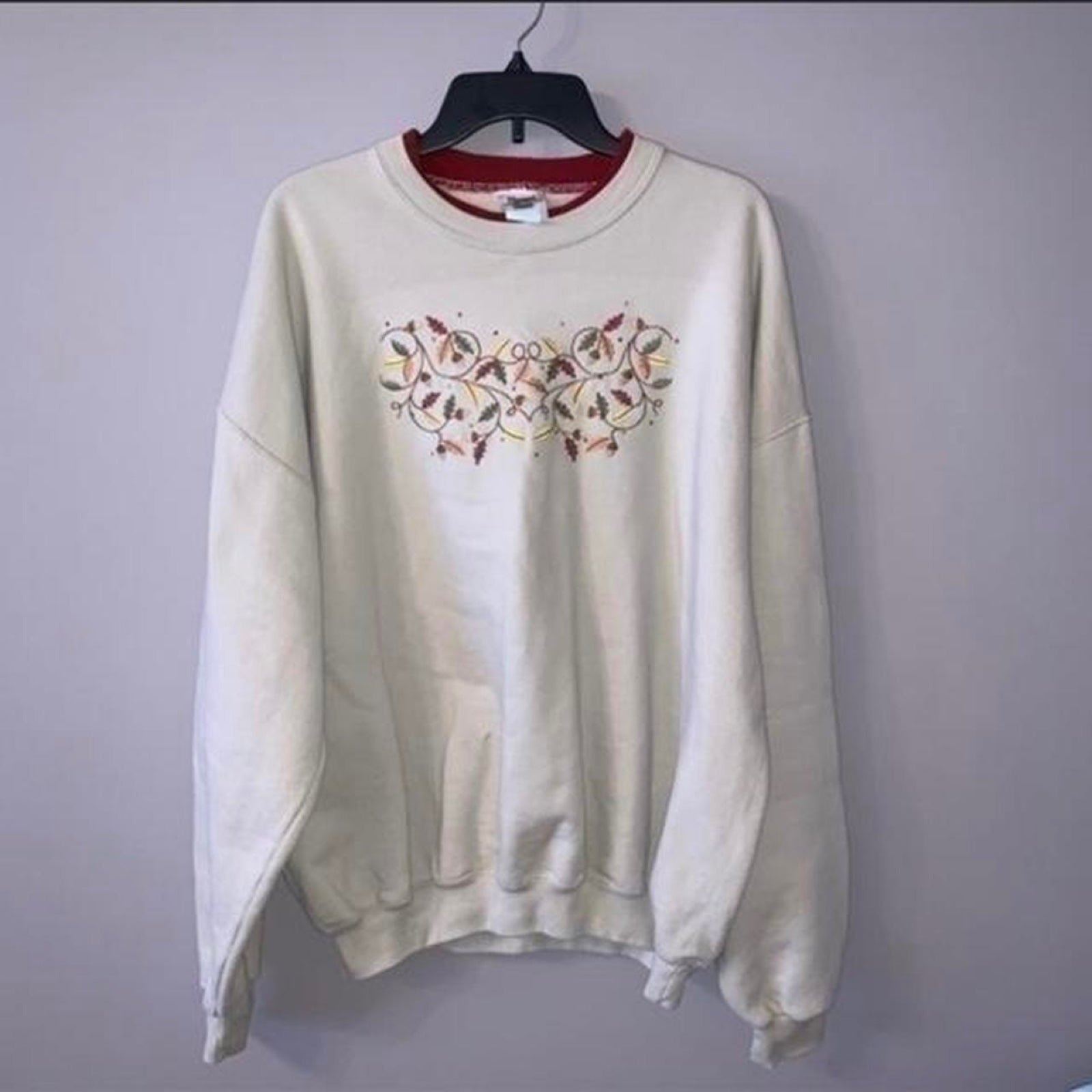 1139 Vintage beige stitched leaf autumn sweater XL pleasant skate