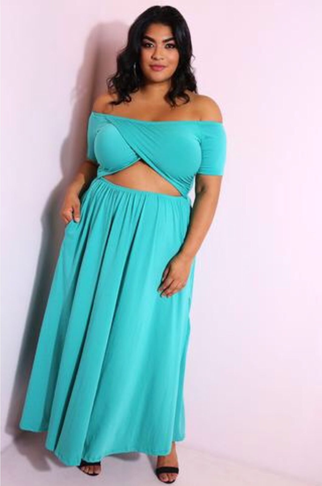Plus Size Peekaboo Midriff Teal Dress