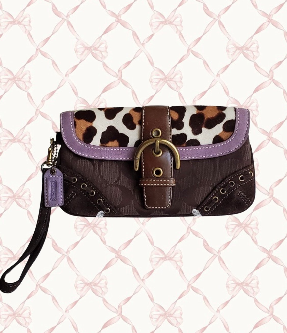 Coach Vintage Soho Leopard Print Calf Hair & Brown Signature C Canvas Wristlet