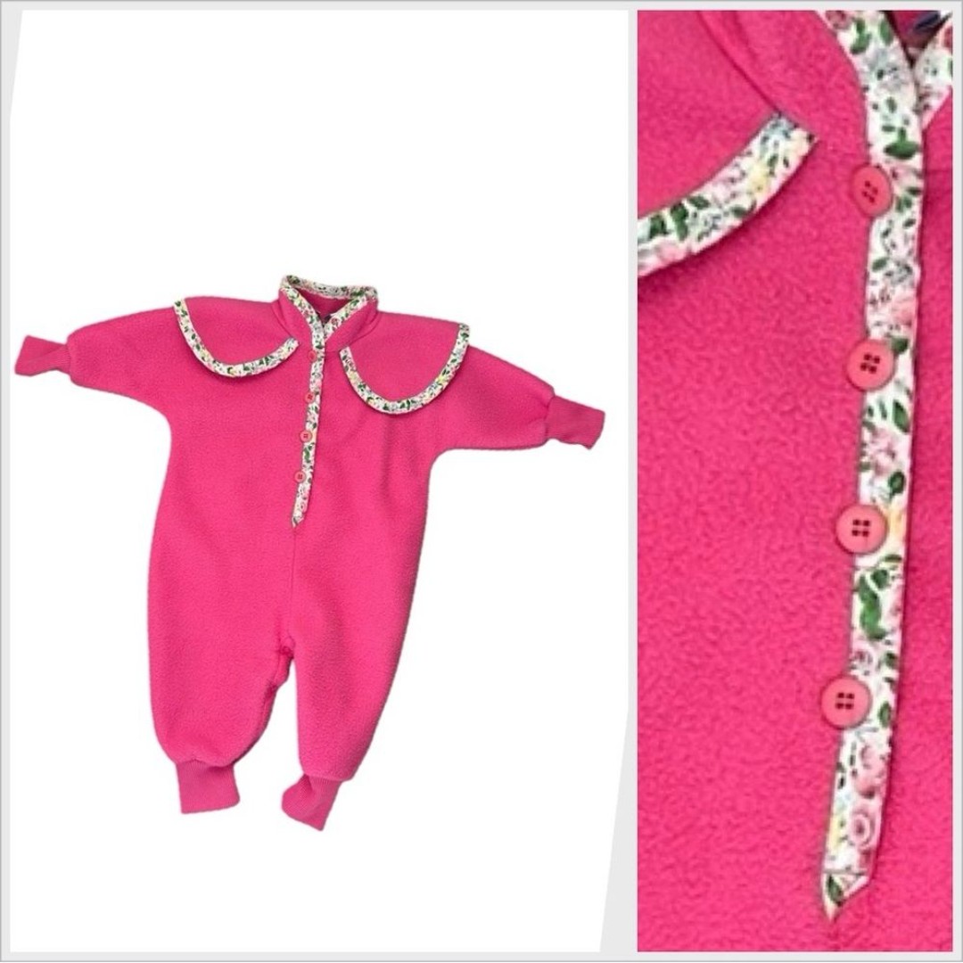 Vintage Babycrest Fleece Winter Pink Floral Baby Walksuit Jumpsuit 12M