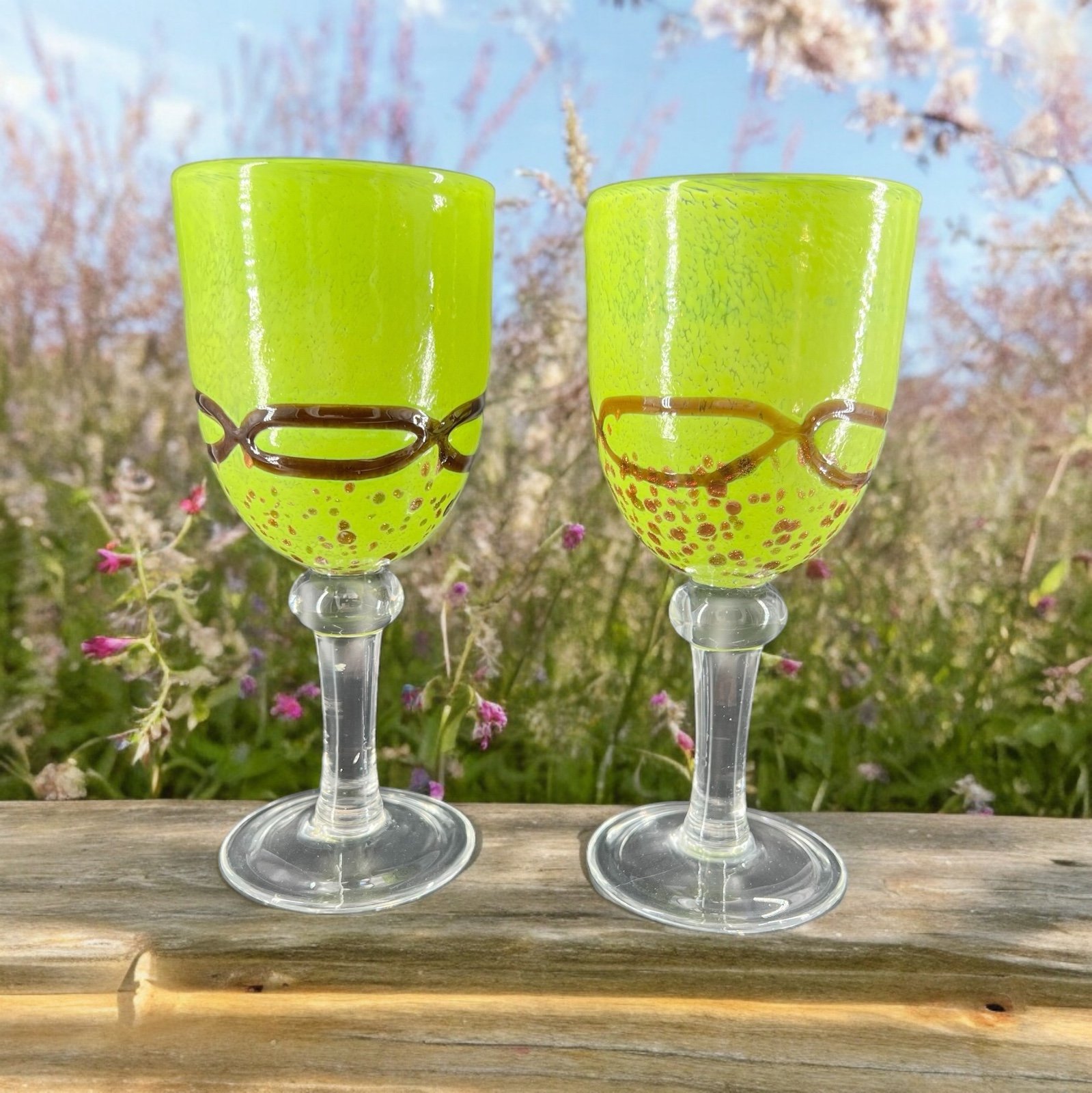 Green & Copper Fused Swirl Art Glass Tall Stemware Water Wine Goblets 8” Pair