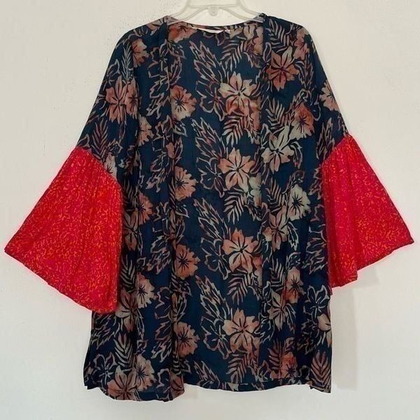 Soft Surroundings Rayon Kimono Top XS Bell Sleeve Floral Hibiscus Colorful Boho