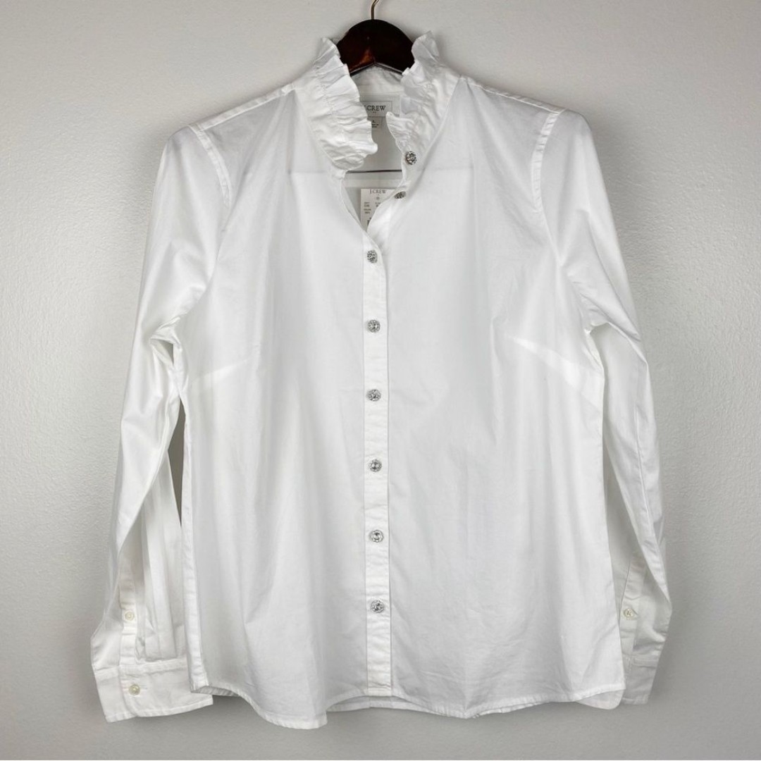 J. Crew Ruffle Button-Up Long Sleeve Shirt Jeweled Buttons White Size L NWT