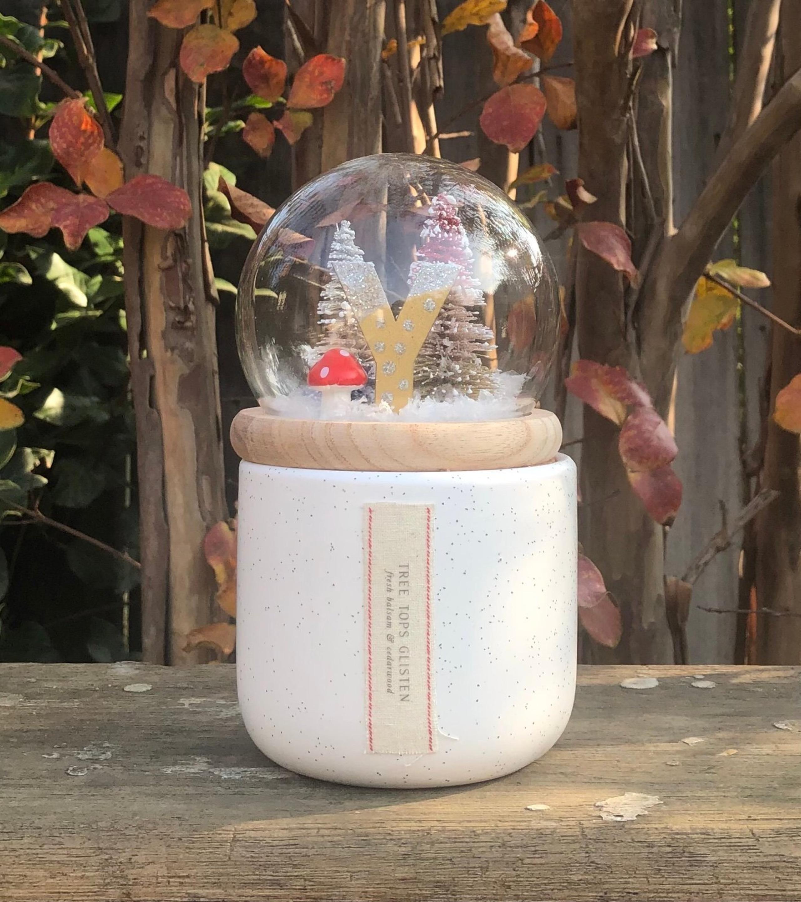Anthropologie “Y” Monogram Snow Globe Woody Fresh Balsam & Cedarwood Candle
