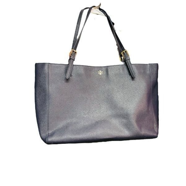 Tory Burch Emerson Tote Bag Gold Metal Fittings Leather Navy Authentic Purse in