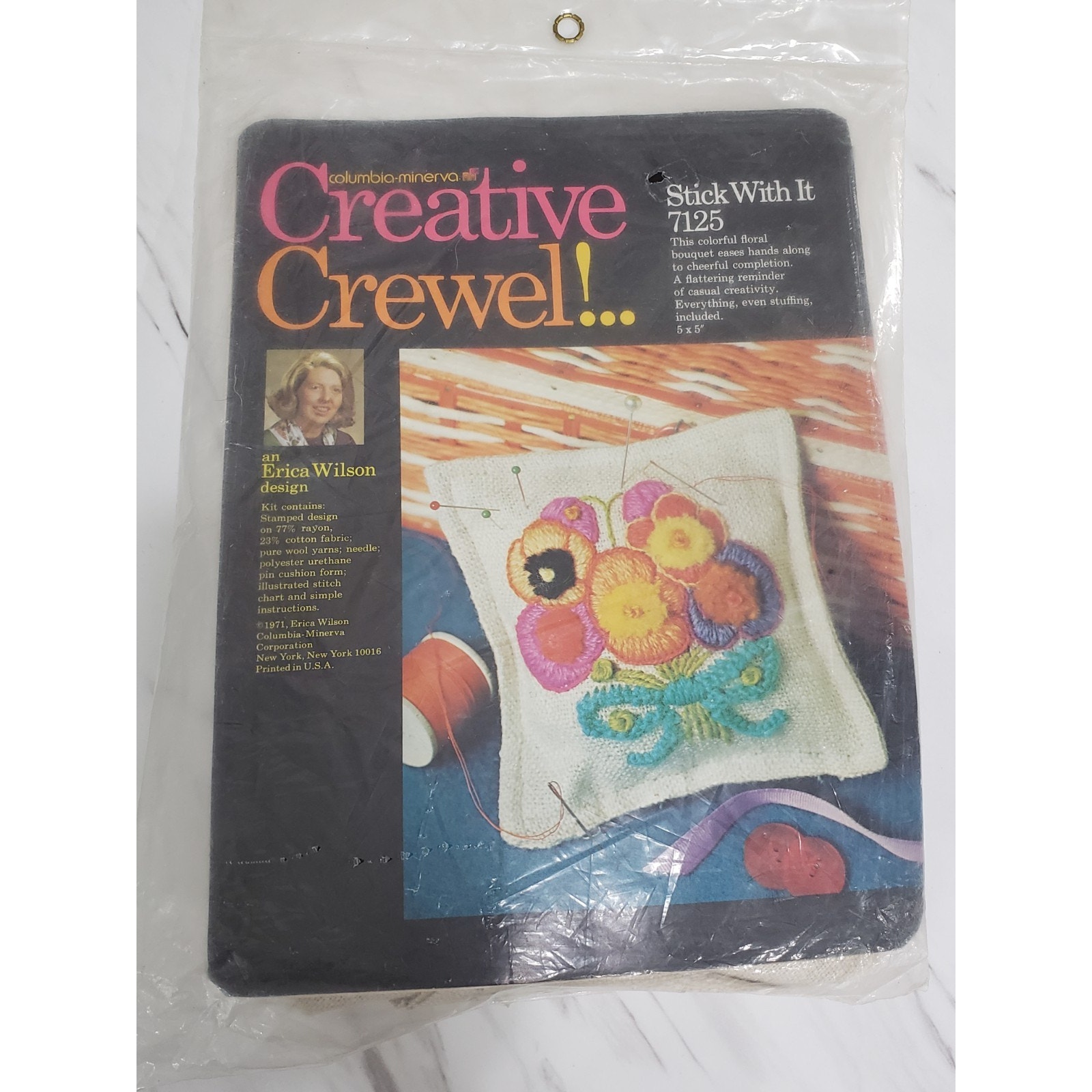 Vintage Creative Crewel Kit Erica Wilson Columbia Minerva MOD FLORAL BOUQUET