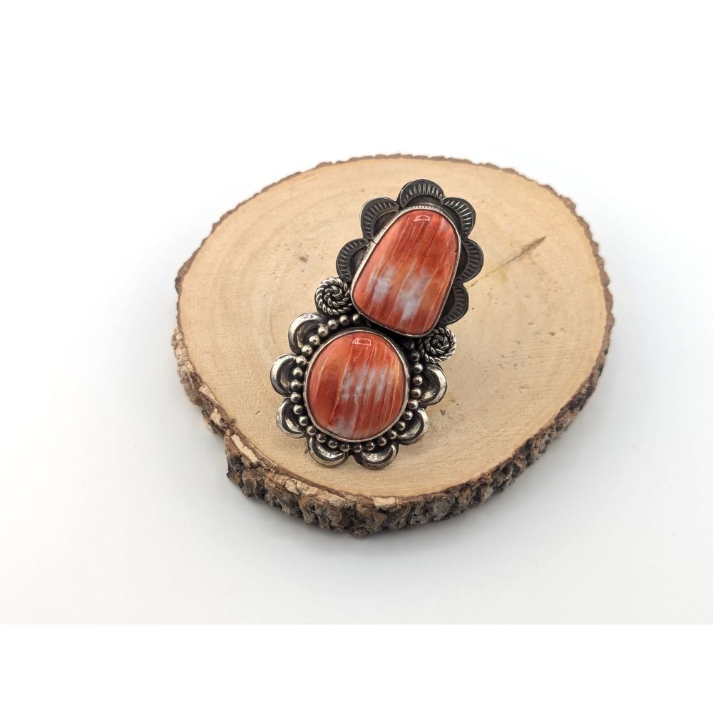 Navajo Ring Spiny Oyster Two Stones Native American Adjustable Band Sz 8 **