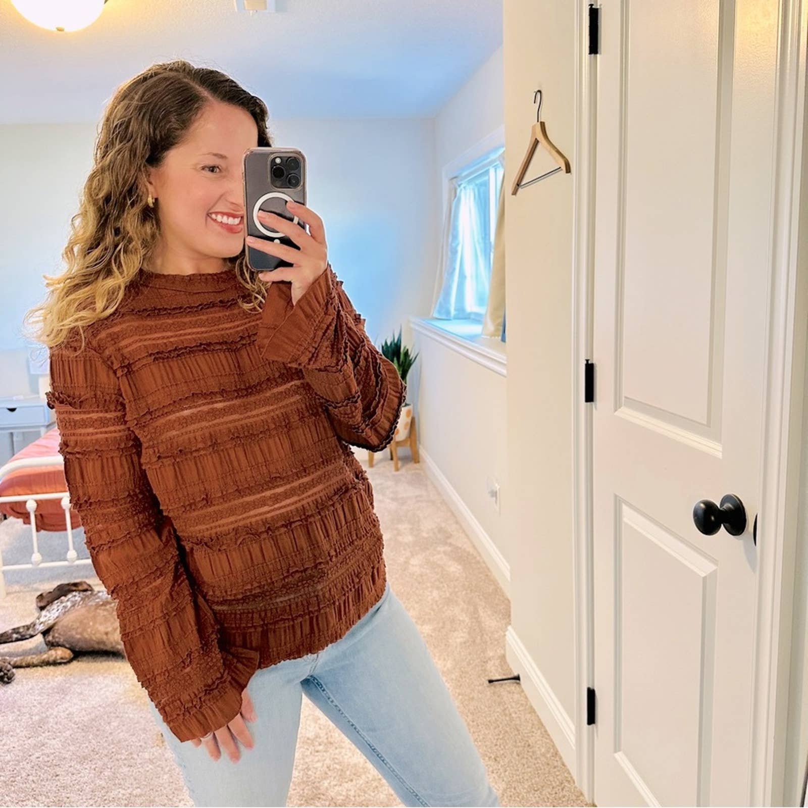 byTiMo Rust Orange Brown Eyelet Long Sleeve Top Blouse Medium