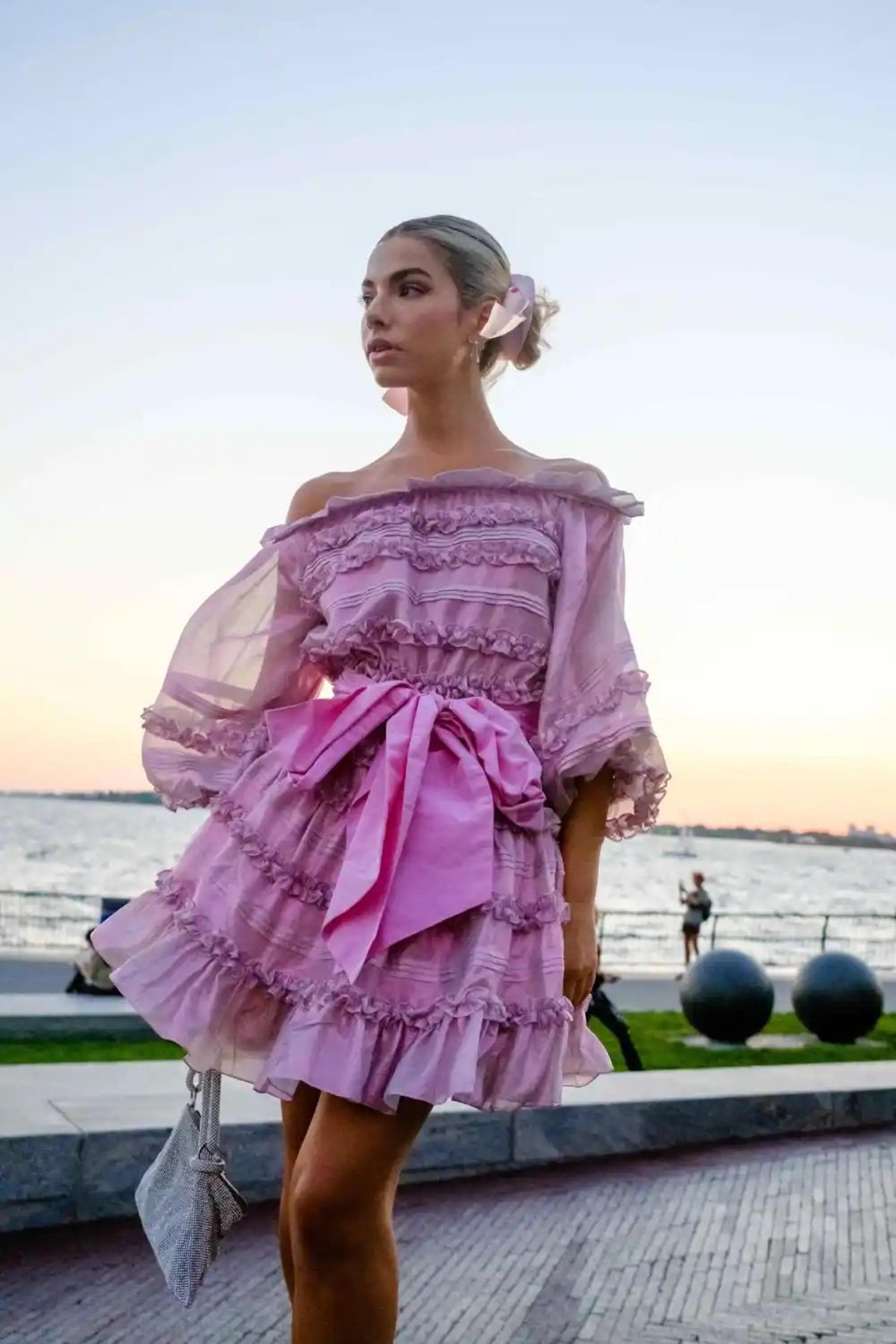 NWT Cynthia Rowley Foil Metallic Pink Silk Mini Dress XS Ruffle Off The Shoulder