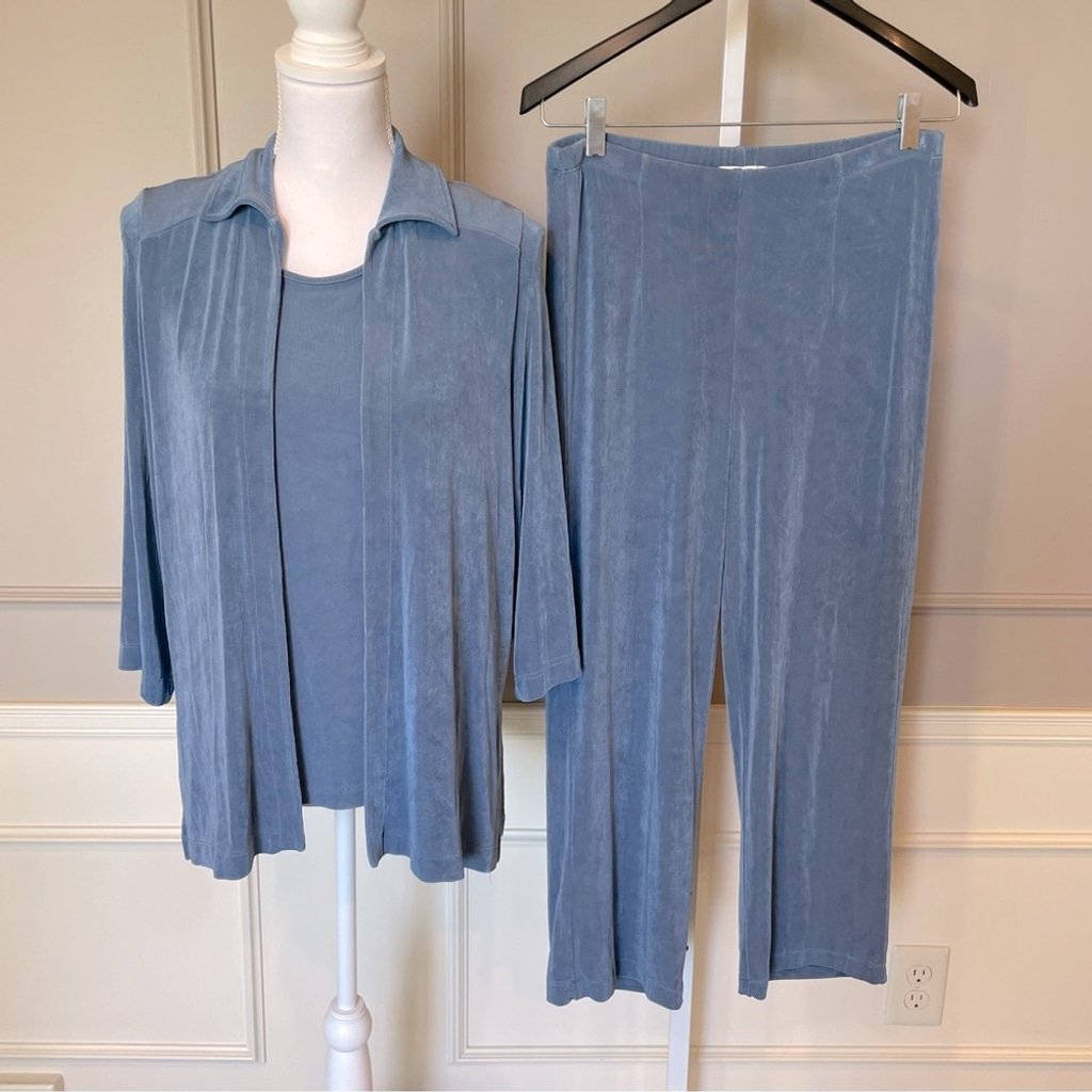 Coldwater Creek slinky knit blue petite 3 piece set pants tank cardigan sz M