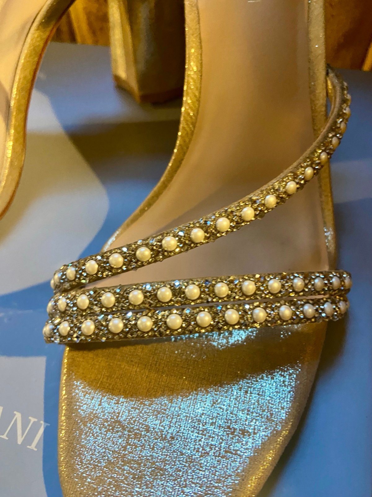 Antonio Melani Leather Soled Gold Beaded Heeled Sandals - 9.5