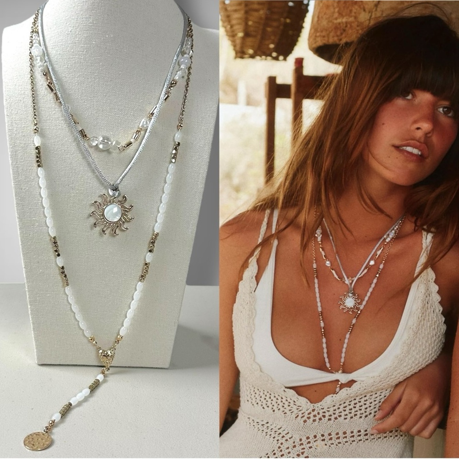 Free People One With The Sun Layered Necklace Gold Mother Of Pearl NWT Bohemian