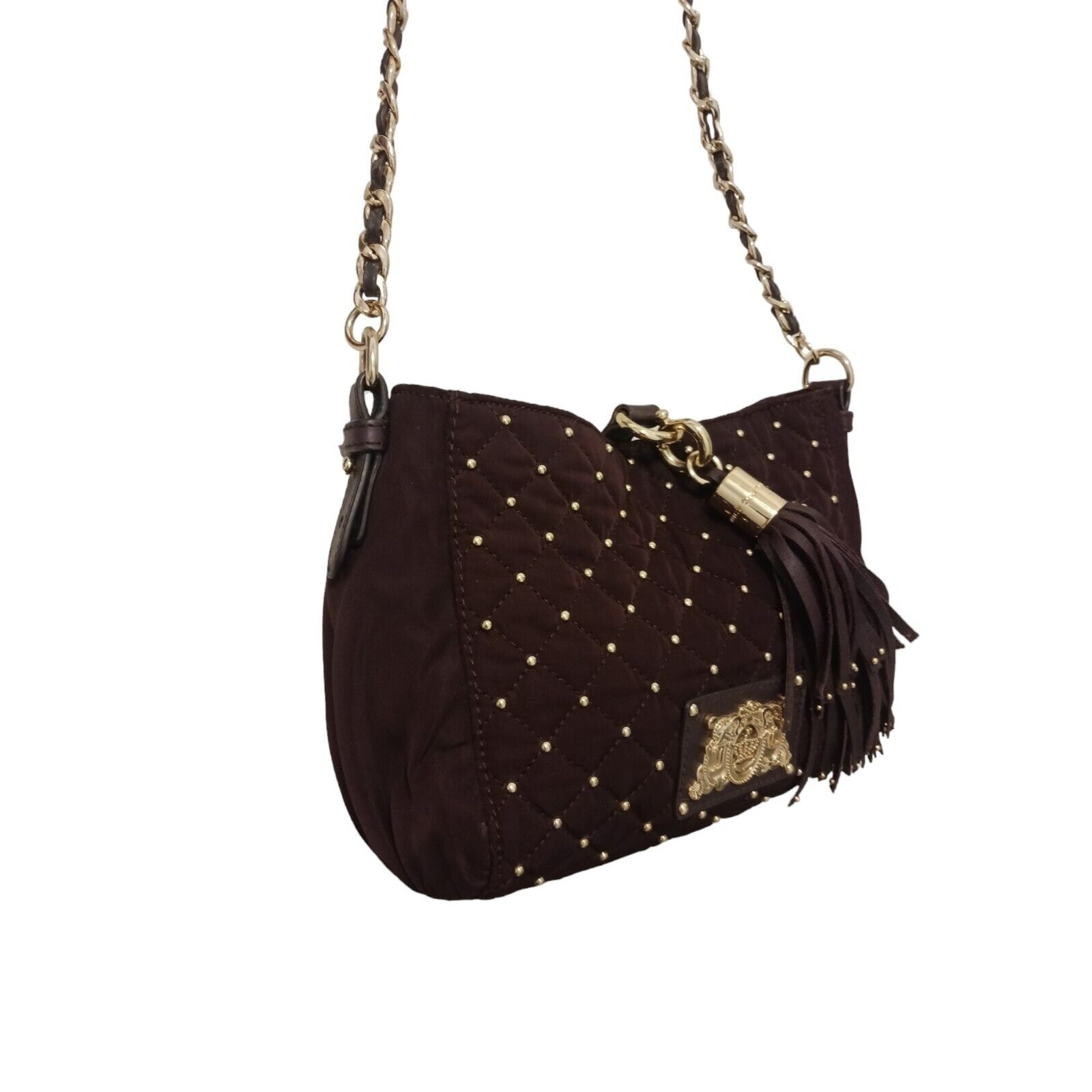Juicy Couture Quilted Studded Chain Crossbody Shoulder Bag w TASSLE Brown Gold