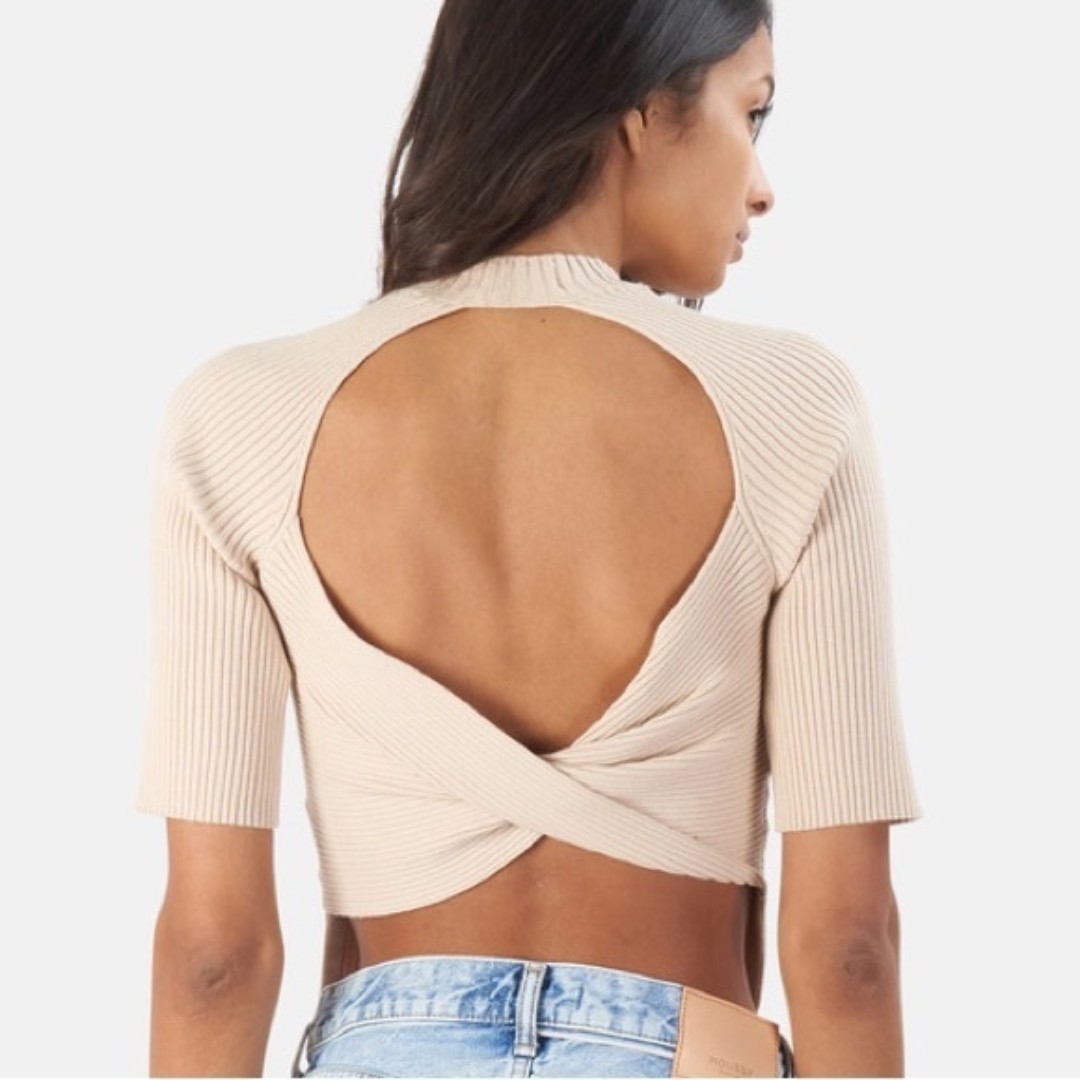 NAADAM Twist Back Ribbed Sweater Tee Size Large Neutral Beige Cropped Luxury 90s