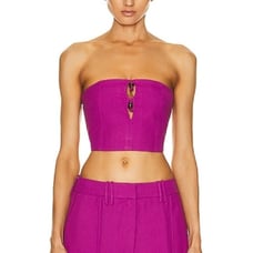 GANNI Summer Sleeveless Beaded Strapless Crop Smocked Back Fuchsia Pink Top
