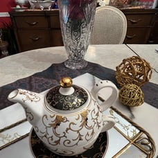 NEW: Grace Teaware Black/Gold Scroll 4pc. Tea for One Fine Porcelain -Box incl