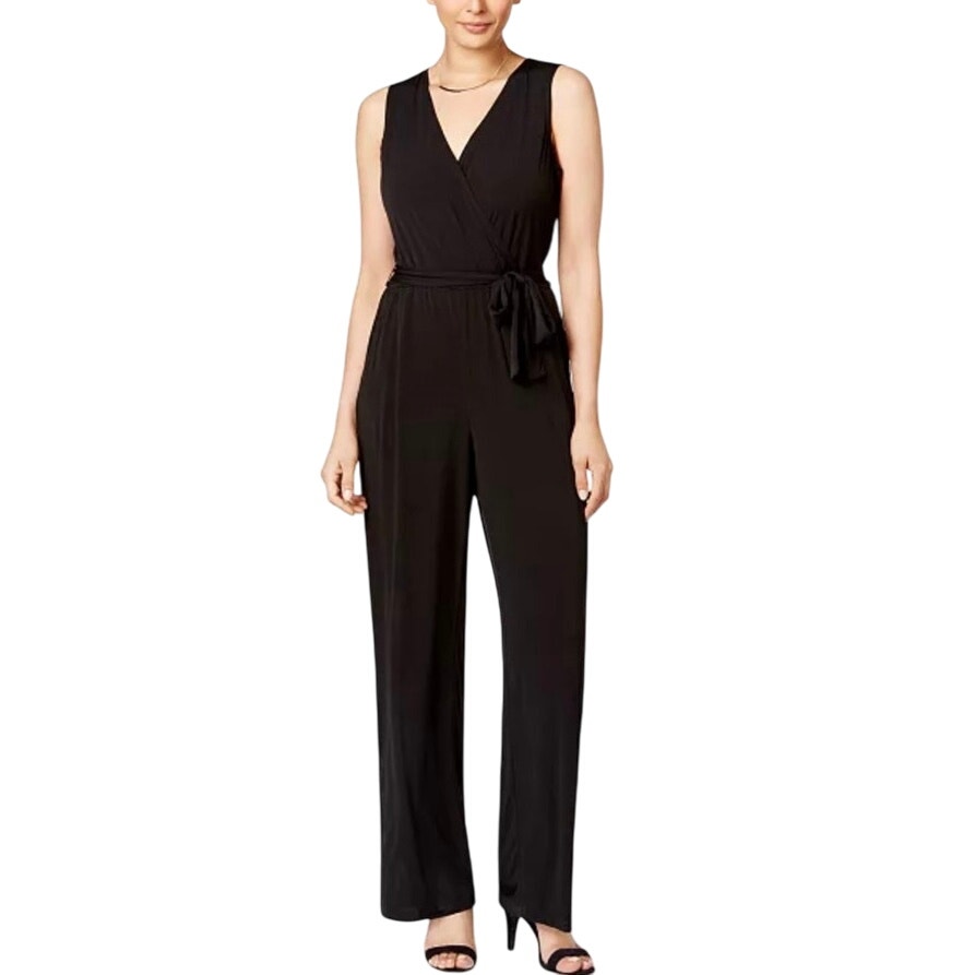 NY Collection Surplice Belted Black Wide-Leg Sleeveless Jumpsuit Petite L NWT
