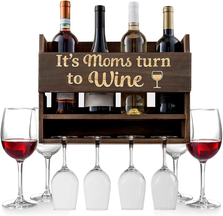 Wall Mounted Wine Rack - 4 Wine Glasses Included