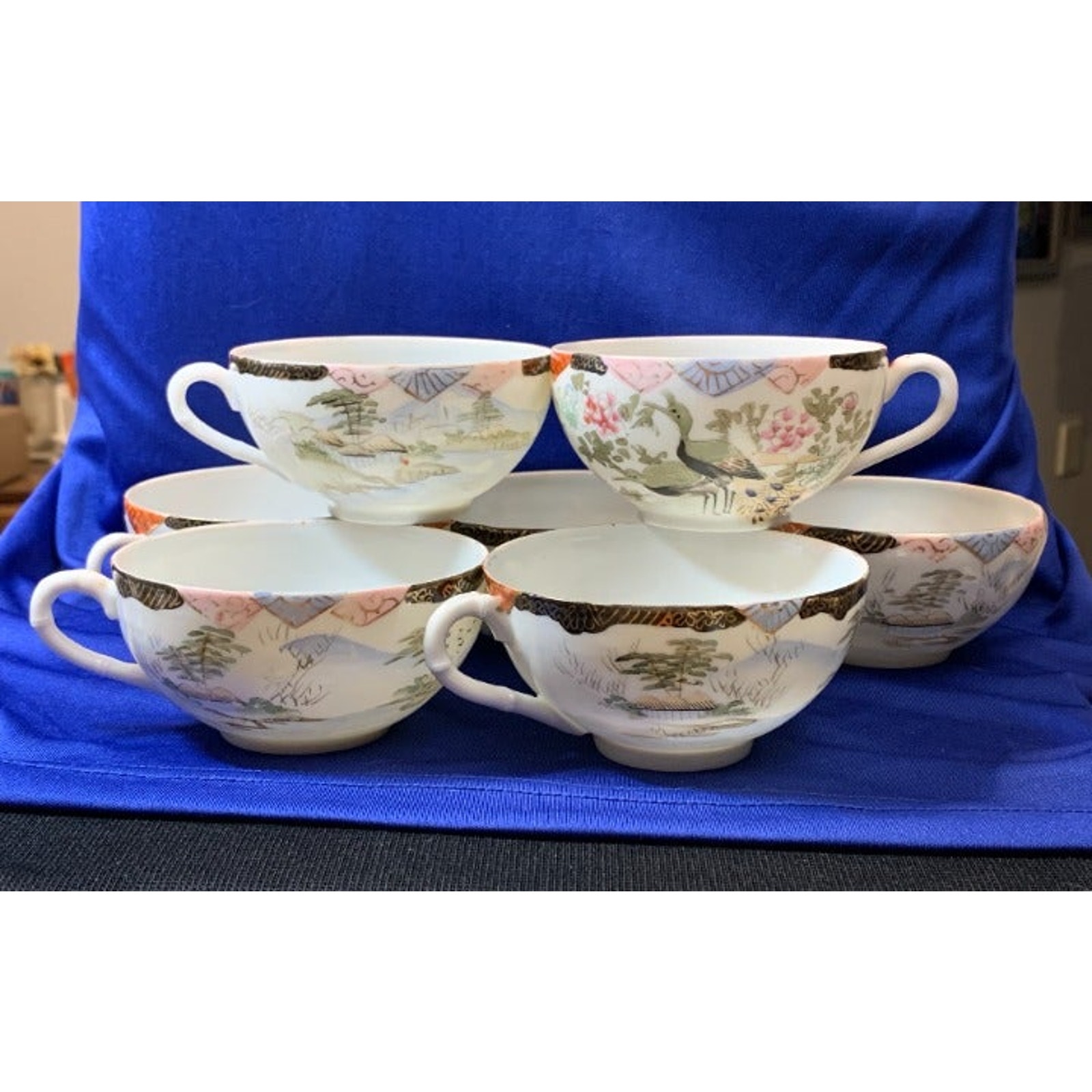 Set of 7 Japanese Eggshell Porcelain Teacups Hand Painted