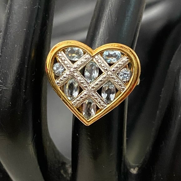 Sterling Silver 925 Gold Heart Aquamarine Ring