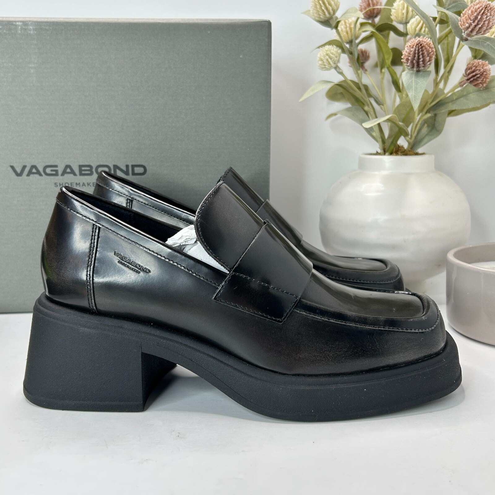 Vagabond Dorah Leather Heeled Loafer Square Toe Dark Gray Women's EU 37/6.5 NWD