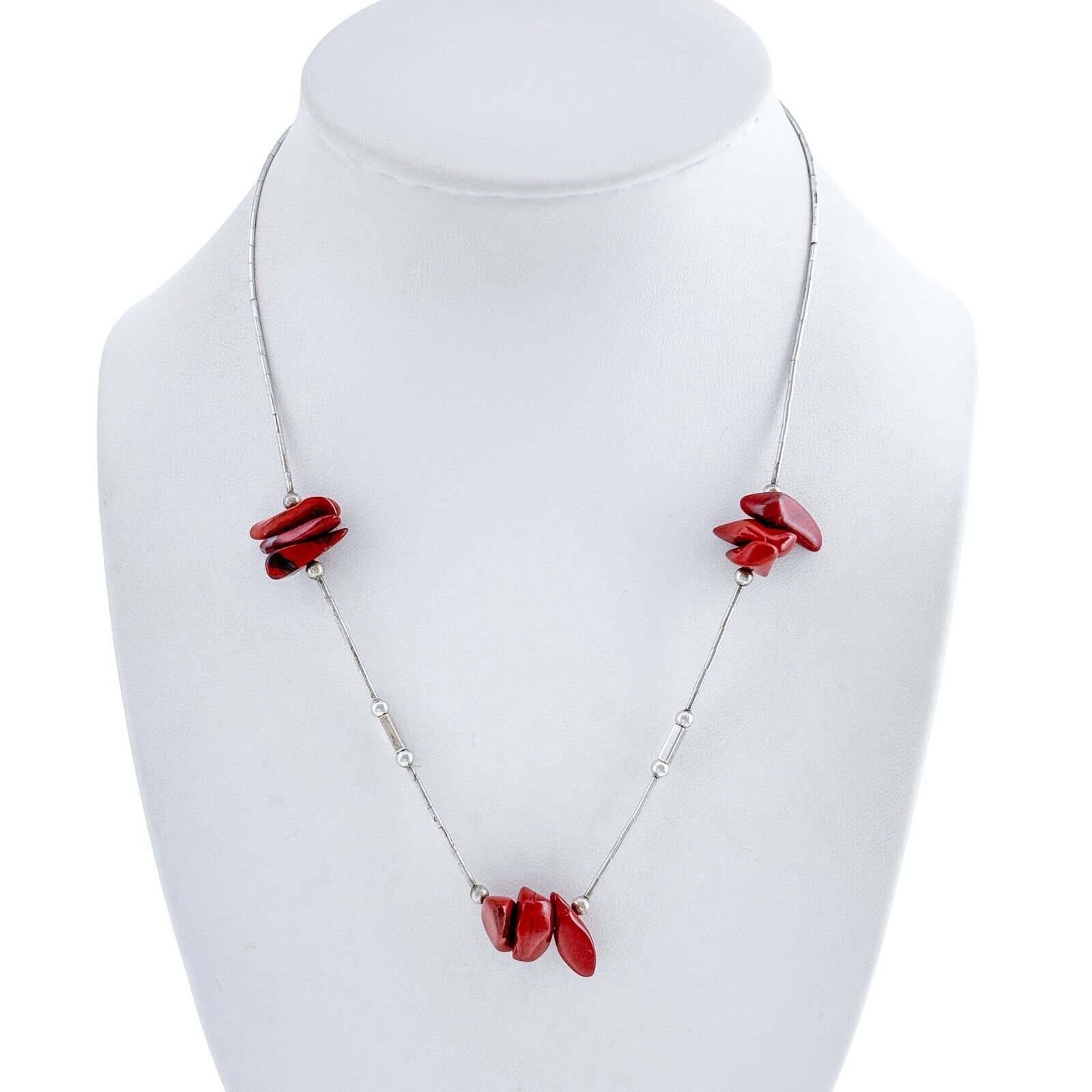Vintage Liquid Silver Sterling 925 Red Jasper Nugget Necklace 17