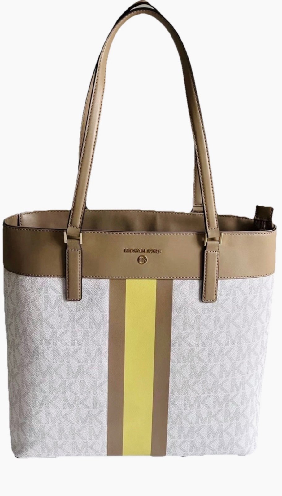 Michael Kors Morgan Vanilla/Buttercup Center Stripe Logo Tote Shoulder Bag-NWT