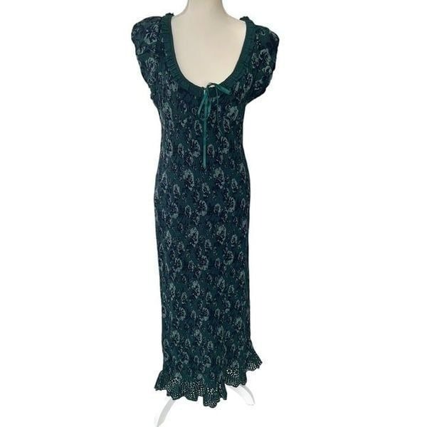 Free People McKenna Dobby Smocked Eyelet Ruffle Midi Dress Green Floral Size Med
