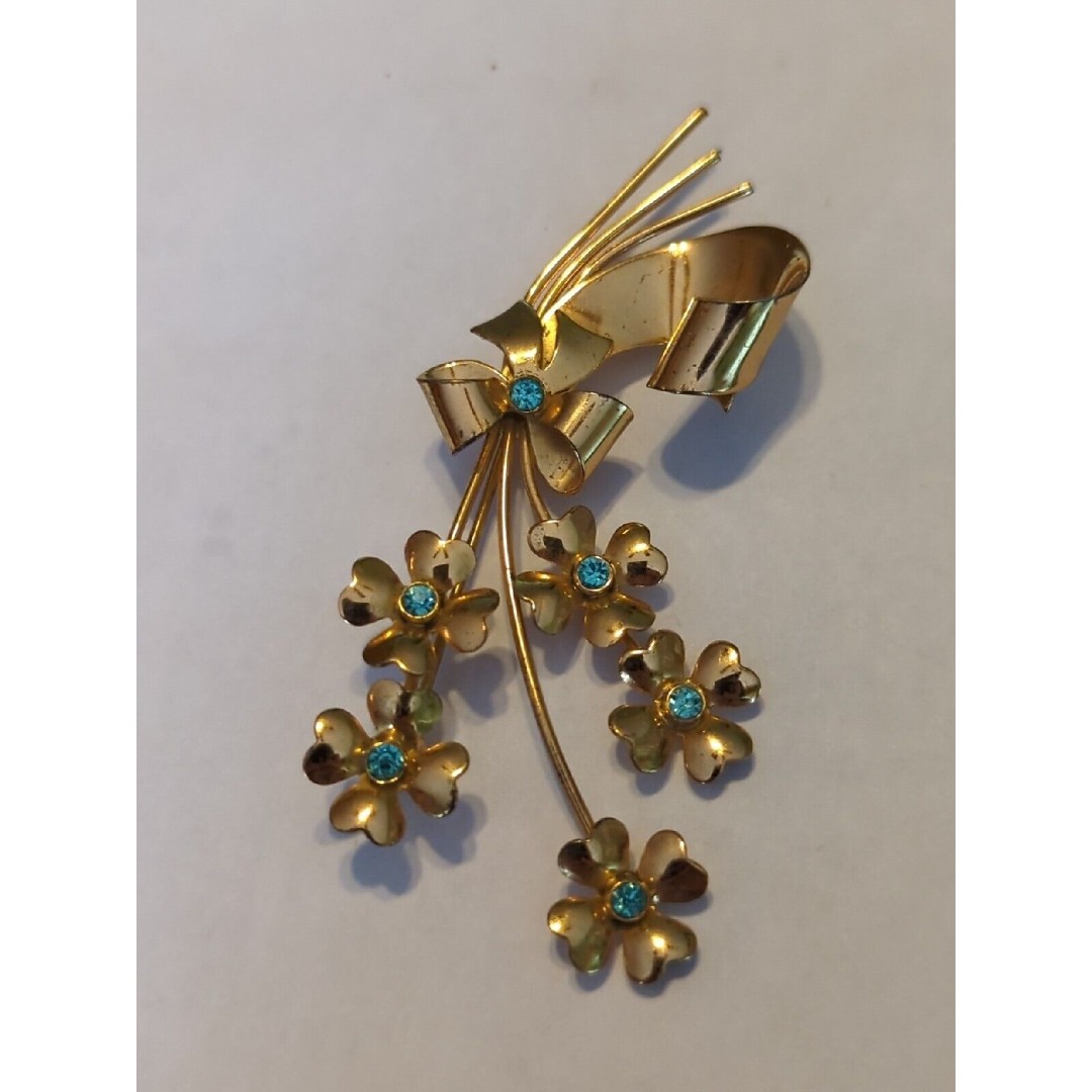 Coro Sterling Silver Rhinestone Floral Flower Pin Brooch 3” Gold Tone