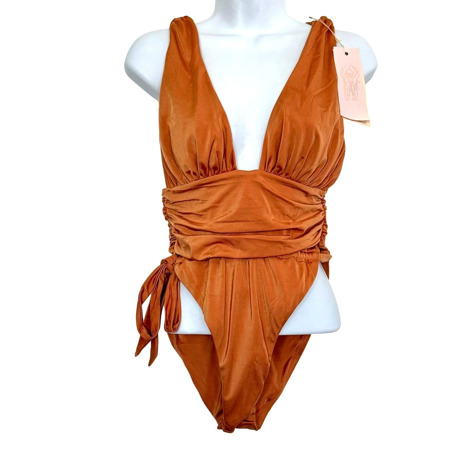 We are Hah Swimsuit One Piece Copper Nude High Cut Low V Size M