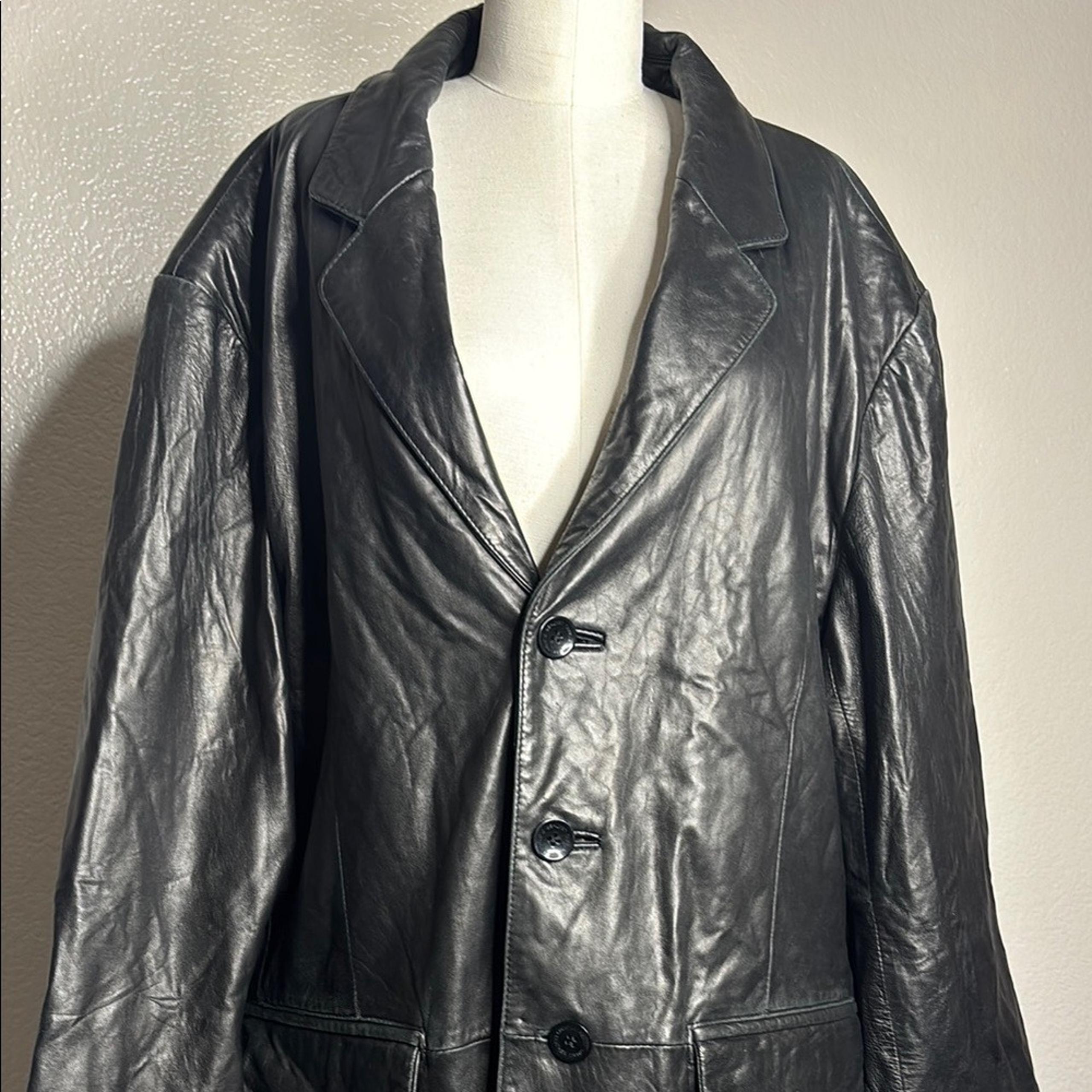VINTAGE 90s WILSONS LEATHER PELLE STUDIO BLACK LEATHER TRENCH COAT MENS XL