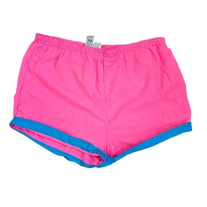 80s Mens Neon Pink Swim Trunks REALLY SHORT Liner Stretched Sz L 36 to 41 Waist