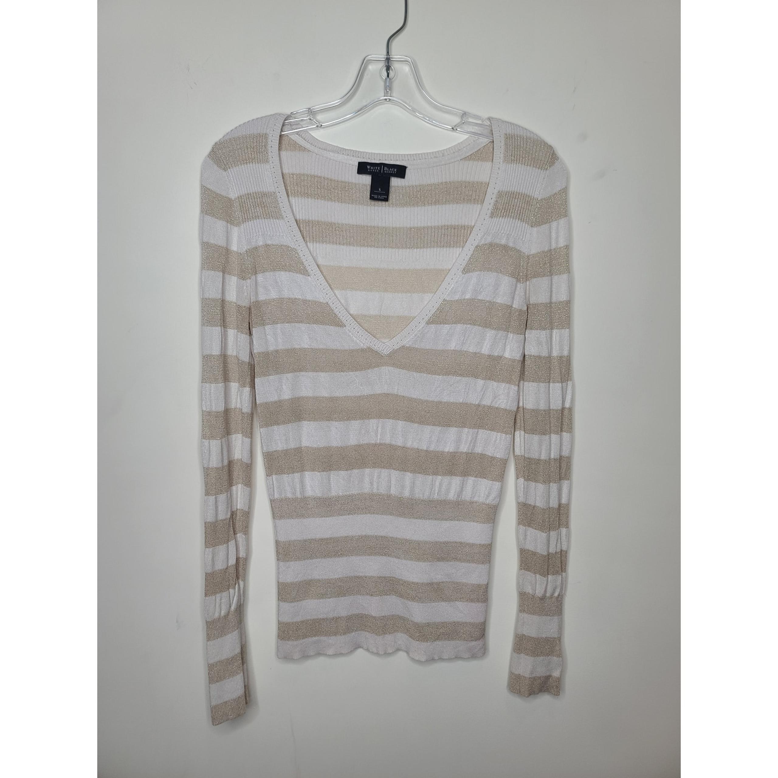 White House Black Market WHBM metallic gold stripe v-neck sweater - small