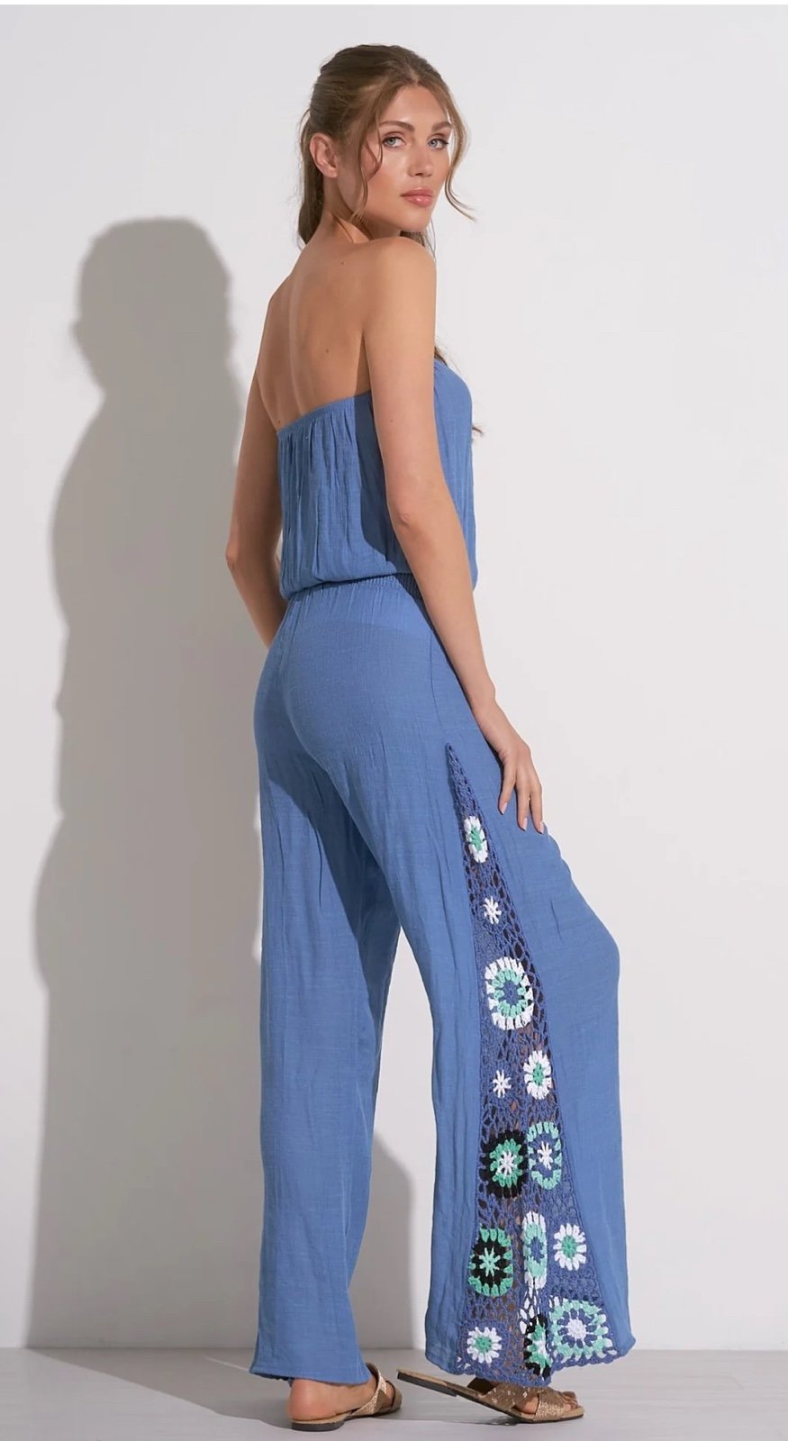 NWT Blue Crochet Panel Strapless Jumpsuit