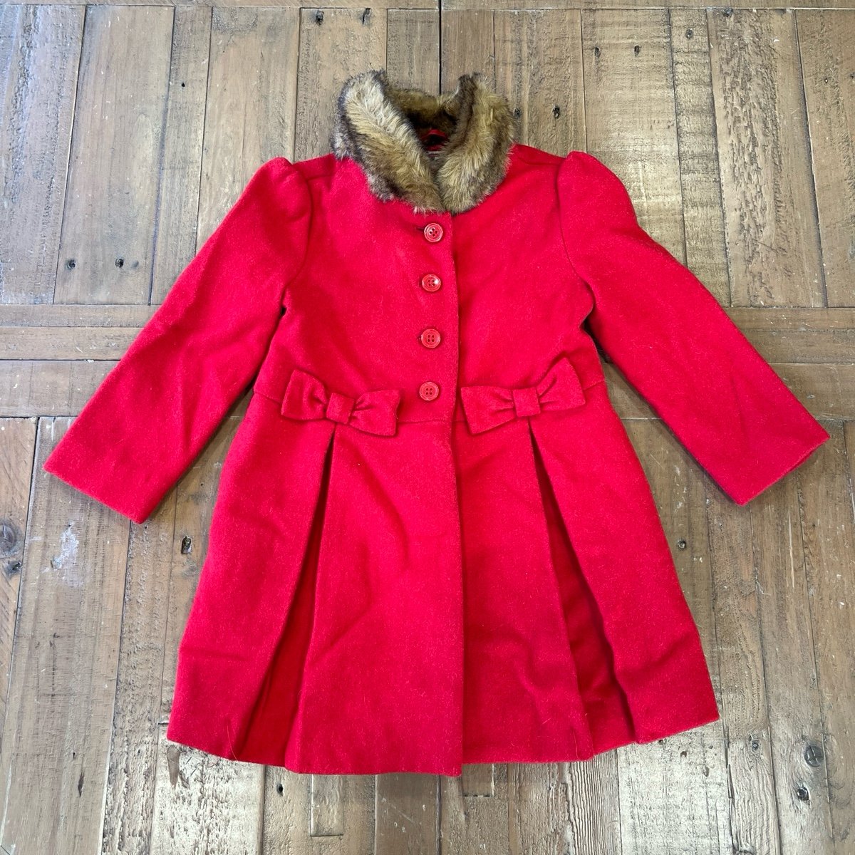 Janie and jack red pleated faux fur collar dress coat 2T holiday bows