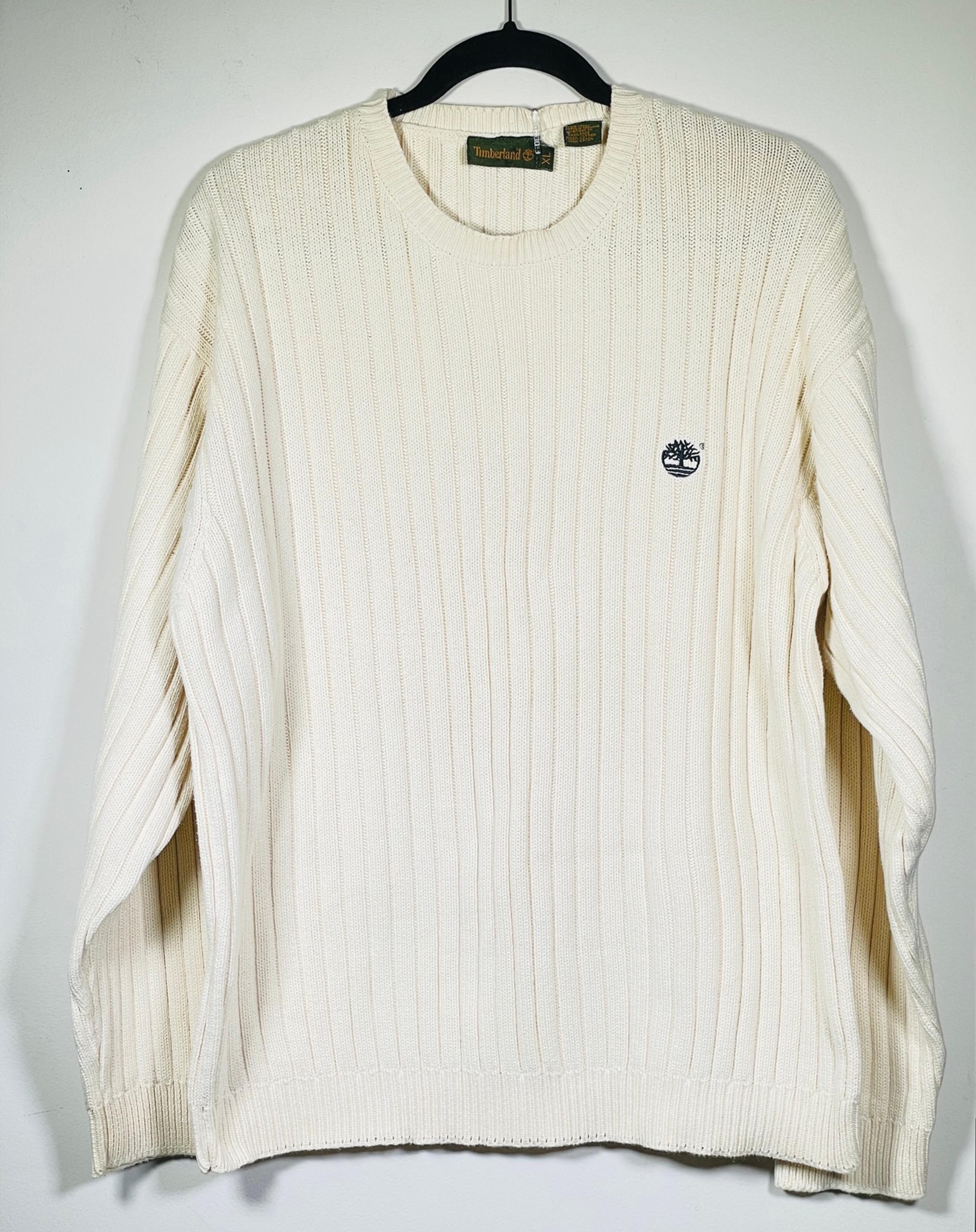 Timberland Sweater Mens XL White Cream Knit Crew Neck 100% Cotton