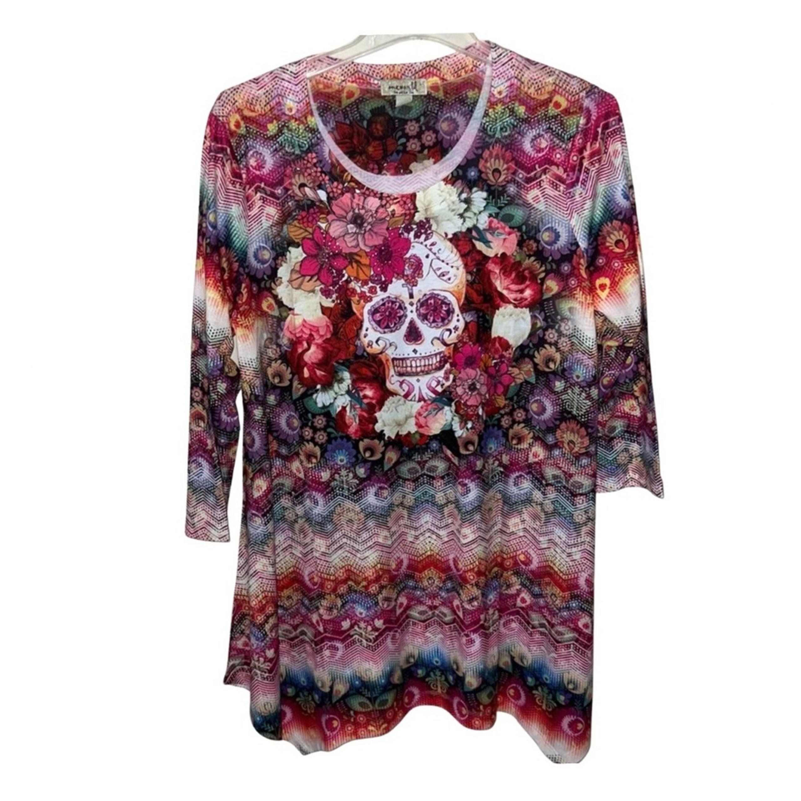 One World Printed Knit 3/4 Sleeve Embellished Sharkbite Tunic Size Large
