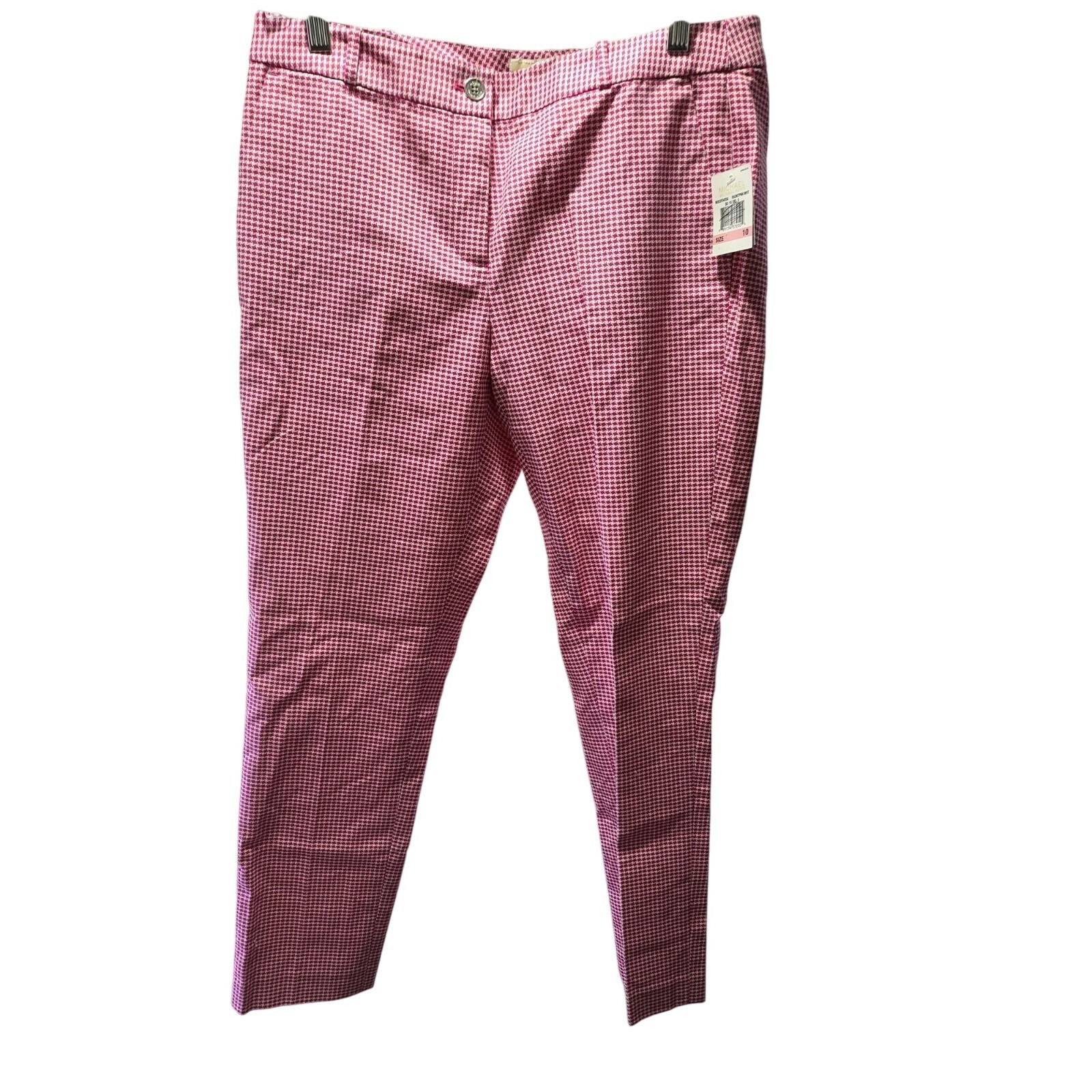 Michael Kors Cotton Houndstooth Stretch Pants Women's 10 Pink And White
