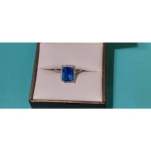 Gorgeous 3ct. Emerald & Round Cut London Blue & White Topaz Halo Ring Sz 8