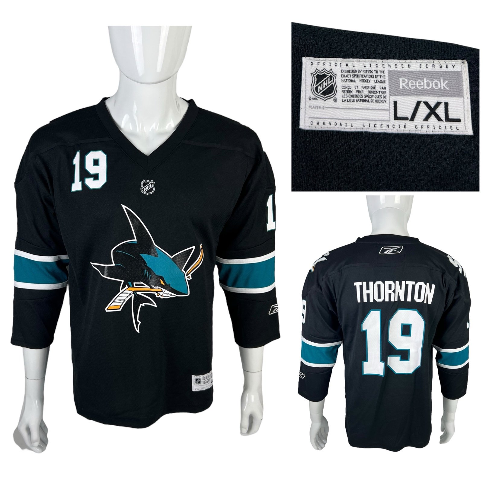 San Jose Sharks Joe Thornton #19 Jersey Size Youth Large XL Vintage Black EUC
