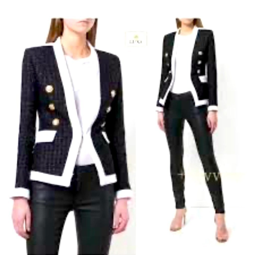 Central Park West knit blazer black with white trim gold buttons size medium