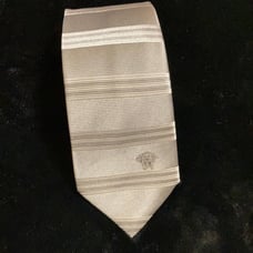 New Versace Silk Logo Cravatta Silver Gray Horizontal Stripe Tie