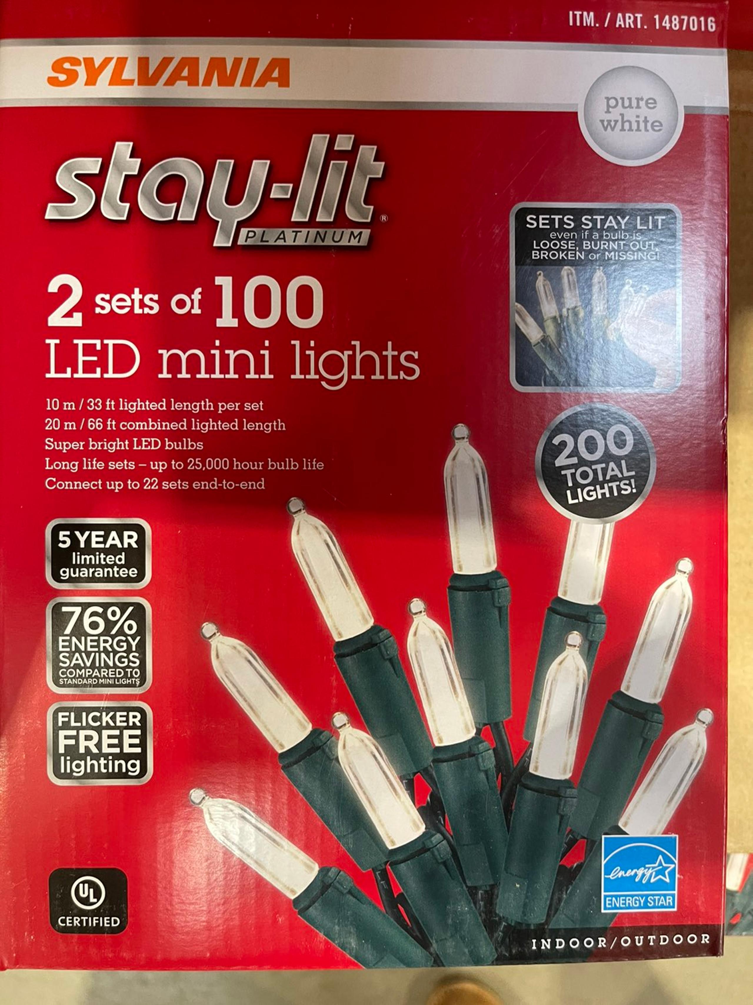Brand New Sylvania Stay-Lit Platinum 2 sets of 100 LED Pure White Mini Lights