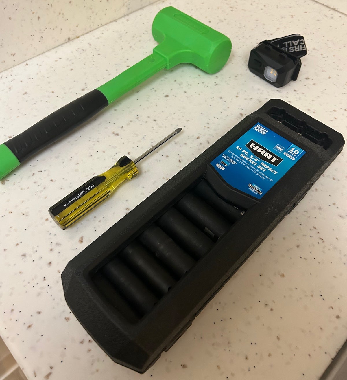 DEAD BLOW HAMMER, SOCKET SET, PHILIPS SCREW DRIVER, AND HEADLAMP BUNDLE PACK!!!