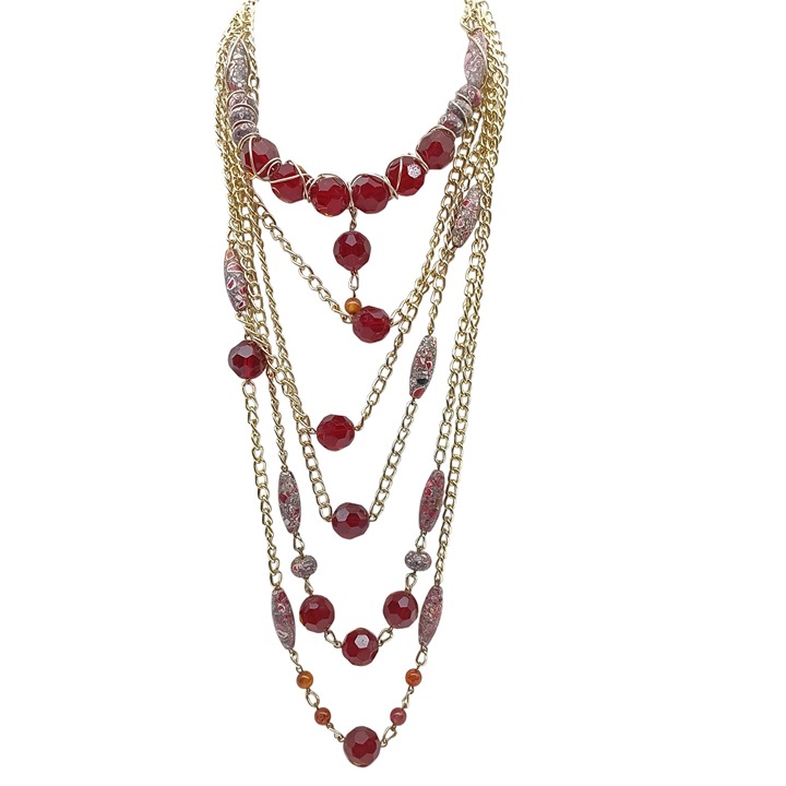 Vintage Multi Layered Red & Gold Beaded Chain Necklace Bold Wire Wrapped Crystal