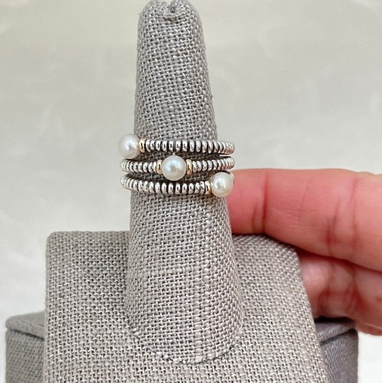 14K Yellow Gold, Sterling Silver 3 Ribbed Bands with Pearls Ring SR-2687