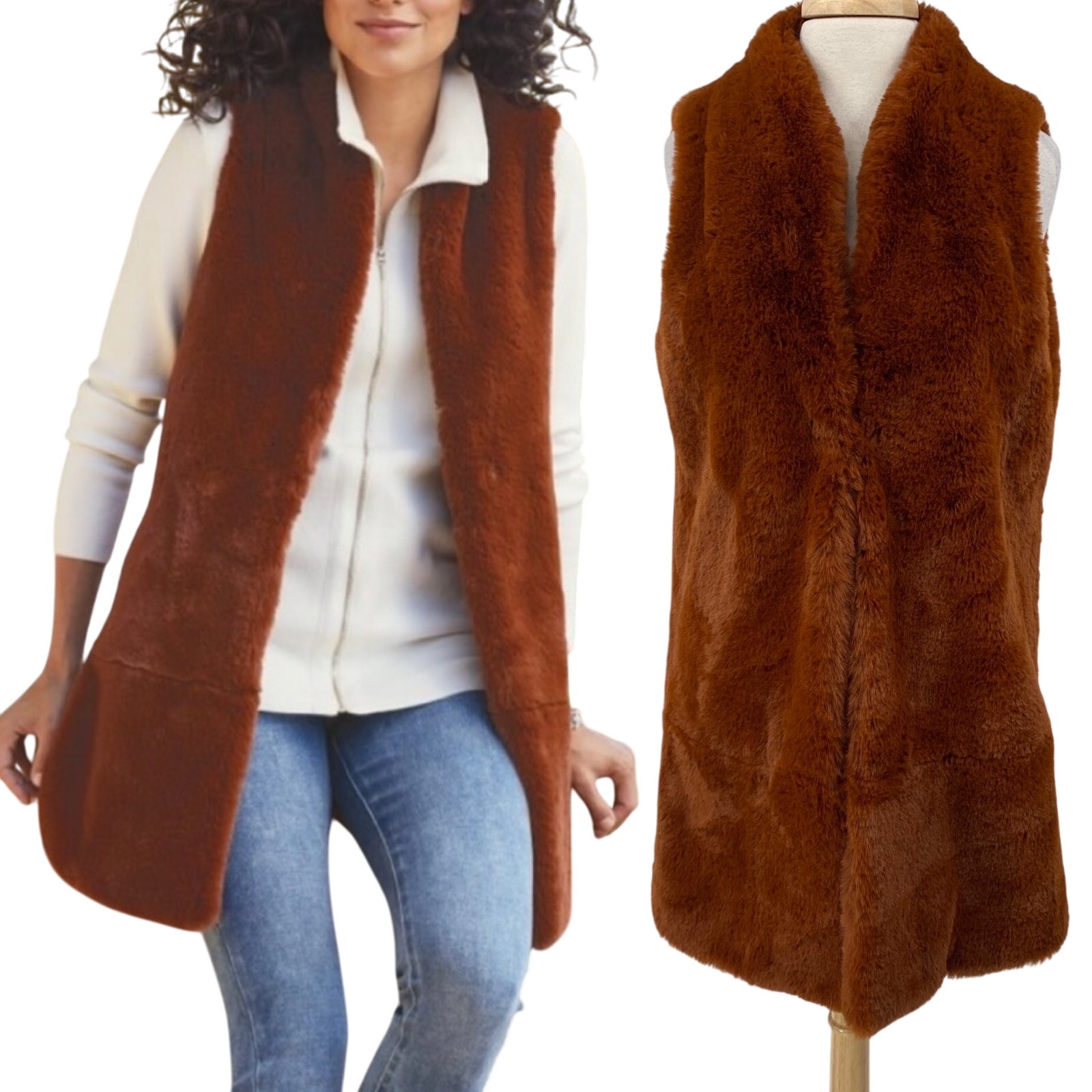Soft Surroundings Longline Vest Faux Fur Burnt Orange Brown Womens Medium