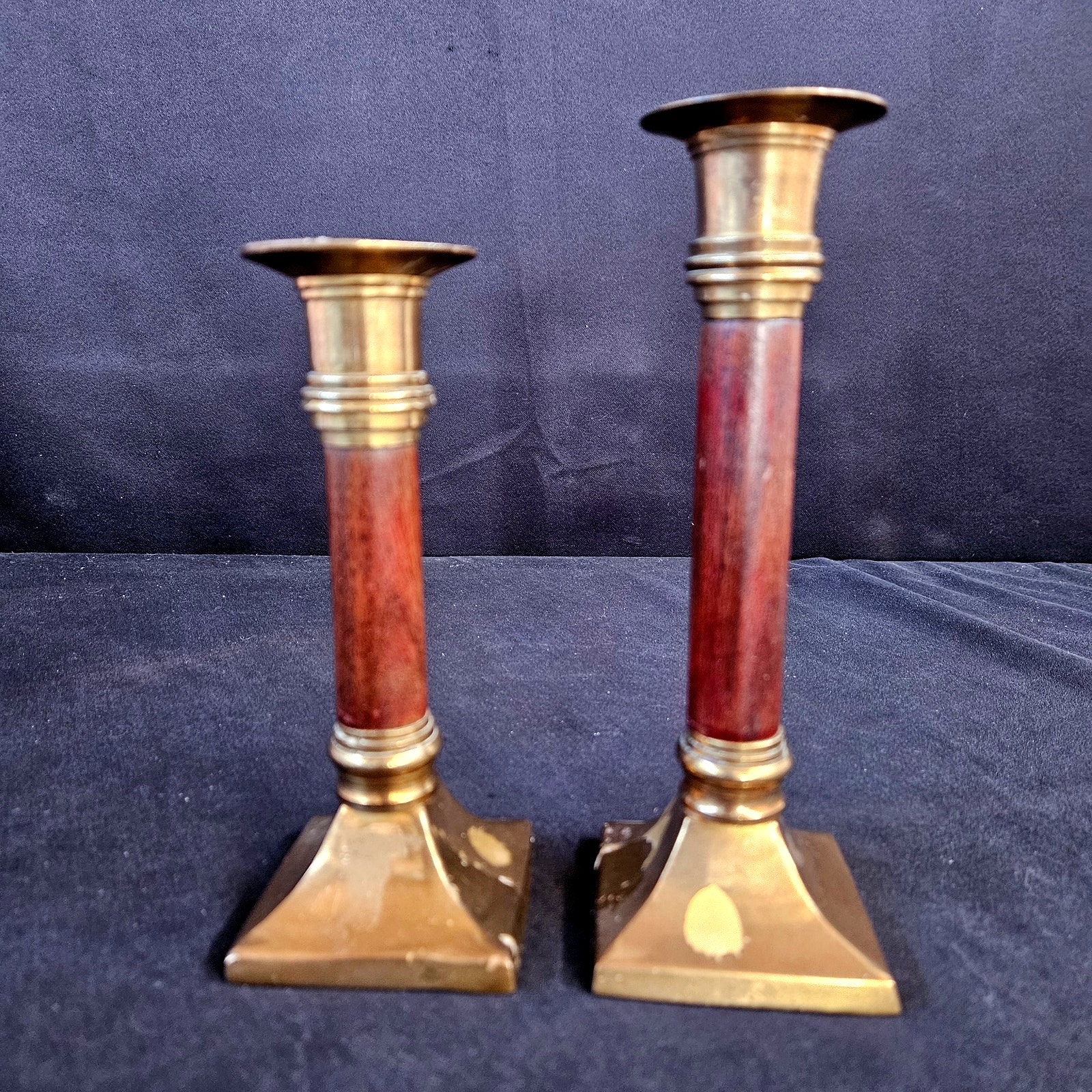 Vintage Brass and Wood Candlestick Holders Set of 2 MCM